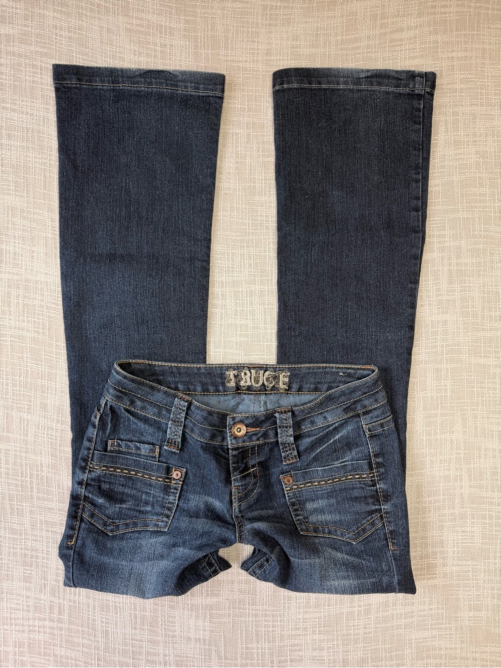 Truce Low Rise Bootcut Jeans Size 5 Y2K Dark Wash Contrast Stitch